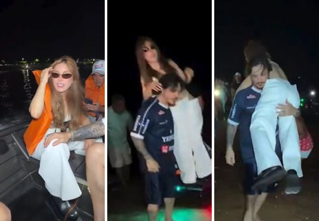 Após atravessar rio de voadeira, Manu Bahtidão é carregada no colo para fazer show em praia no TO; VÍDEO