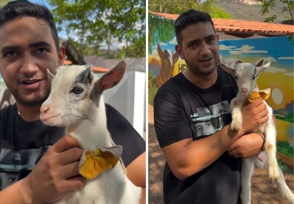 Juliano, da dupla com Henrique, posa ao lado de cabrito batizado com seu nome e diverte web; VÍDEO